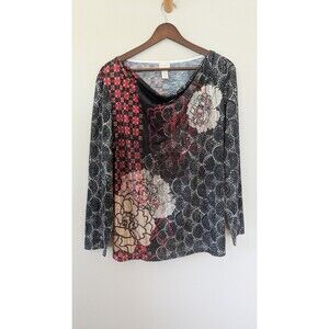 Chicos Asian Benefits Embellished Drape Neck Top Sz 3 / XL Black Red Rhinestone